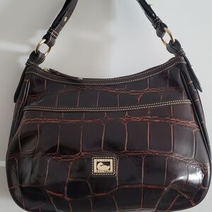 Dooney & Bourke Dark Brown Croc-Embossed Leather Shoulder Bag with Tan Accents